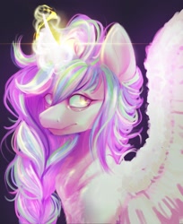 Size: 2175x2660 | Tagged: safe, artist:thewickedvix, princess celestia, alicorn, pony, alternate hairstyle, bags under eyes, braided ponytail, female, glowing horn, horn, lens flare, mare, ponytail, simple background, solo, spread wings, tired, wings