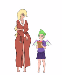 Size: 2992x3632 | Tagged: safe, artist:franschesco, applejack, spike, dragon, human, apple, applerack, barefoot, big breasts, breasts, clothes, feet, food, huge breasts, humanized, robe, shirt, shorts, simple background, white background, winged humanization, winged spike, wings