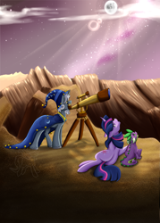 Size: 1024x1428 | Tagged: safe, artist:baffleddingo, derpibooru import, spike, star swirl the bearded, twilight sparkle, dragon