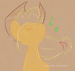 Size: 660x630 | Tagged: safe, artist:liracrown, applejack, earth pony, pony, digital art, freckles, hat, music notes, sketch, solo, whistle, whistling