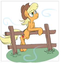 Size: 676x694 | Tagged: safe, artist:provolonepone, applejack, earth pony, pony, fence, hat, outdoors, solo, windy