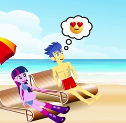 Size: 600x589 | Tagged: safe, flash sentry, twilight sparkle, equestria girls, beach, boots, clothes, elsagate, emoji, female, flashlight, male, pictogram, pregnant, shipping, shoes, shorts, straight, toy channel animations, why, youtube link