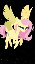 Size: 719x1280 | Tagged: safe, artist:missycreates, part of a set, fluttershy, pegasus, pony, black background, colored pupils, female, flying, lineless, mare, simple background, solo, tail feathers