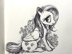 Size: 750x562 | Tagged: safe, artist:el-yeguero, fluttershy, pegasus, pony, monochrome, sitting, sketch, solo, traditional art