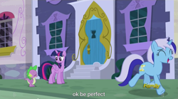 Size: 1279x711 | Tagged: safe, derpibooru import, screencap, minuette, spike, twilight sparkle, twilight sparkle (alicorn), alicorn, dragon, pony, amending fences, female, mare, meme, youtube caption