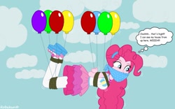 Size: 1131x707 | Tagged: safe, artist:robukun, pinkie pie, better together, equestria girls, arm behind back, balloon, bondage, bound and gagged, cloth gag, floating, gag, rope, squirming, suspended, then watch her balloons lift her up to the sky, thought bubble, tied up