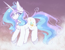 Size: 1024x787 | Tagged: safe, artist:melly-fox, fancypants, princess celestia, pony, unicorn, abstract background, chest fluff, cutie mark, ethereal mane, female, fusion, jewelry, mare, necklace, smiling, solo, starry mane, tiara