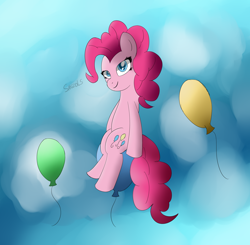 Size: 1600x1568 | Tagged: safe, artist:sanzols, pinkie pie, earth pony, pony, balloon, balloon sitting, colored pupils, female, floating, looking at you, mare, signature, sitting, smiling, solo