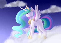 Size: 1024x727 | Tagged: safe, artist:chibuuuowo, princess celestia, alicorn, pony, cloud, crying, ethereal mane, female, jewelry, mare, missing cutie mark, night, redraw, regalia, solo, speedpaint available, spread wings, starry mane, stars, wings