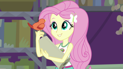 Size: 1280x720 | Tagged: safe, screencap, constance, fluttershy, bird, equestria girls, legend of everfree, barrette, camp everfree outfits, clothes, paper, songbird, tanktop