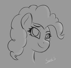 Size: 1019x979 | Tagged: safe, artist:sanzols, pinkie pie, earth pony, pony, bust, female, gray background, mare, monochrome, portrait, signature, simple background, smiling, solo