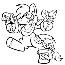 Size: 1280x1280 | Tagged: safe, artist:pembroke, apple bloom, big macintosh, scootaloo, sweetie belle, earth pony, pony, 30 minute art challenge, cutie mark crusaders, male, monochrome, stallion