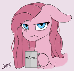 Size: 1239x1195 | Tagged: safe, artist:sanzols, pinkie pie, earth pony, pony, :t, coffee, coffee mug, female, floppy ears, frown, glare, grumpy, hoof hold, i hate mondays, looking at you, mare, morning ponies, mug, pink background, pinkamena diane pie, signature, simple background, solo, white background