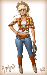 Size: 944x1496 | Tagged: safe, artist:cherrypod, applejack, human, abs, belly button, boots, clothes, front knot midriff, humanized, jeans, midriff, pants, rope, solo, straw, tanktop