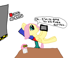 Size: 860x668 | Tagged: safe, artist:nightshadowmlp, fluttershy, pegasus, pony, camera, chair, cupcake, desk, door, five nights at freddy's, food, light, text, vanna melon, vannamelon