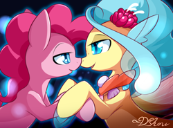 Size: 500x369 | Tagged: safe, artist:dshou, pinkie pie, princess skystar, seapony (g4), my little pony: the movie, female, lesbian, looking at each other, one small thing, scene interpretation, seaponified, seapony pinkie pie, seaquestria, shipping, skypie, smiling, species swap