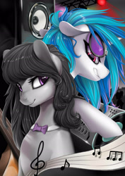 Size: 2480x3508 | Tagged: safe, artist:santagiera, dj pon-3, octavia melody, vinyl scratch, earth pony, pony, unicorn, bow, bowtie, duo, female, floppy ears, glasses, high res, indoors, looking back, mare, music notes, raised hoof, smiling, speakers, stage, stage light, sunglasses, turntable, wrong eye color