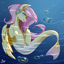 Size: 2000x2000 | Tagged: safe, artist:pupil, fluttershy, butterfly, seapony (g4), my little pony: the movie, feather, female, hairpin, seaponified, seapony fluttershy, solo, species swap, underwater