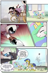 Size: 725x1103 | Tagged: safe, artist:candyclumsy, nightmare moon, princess celestia, alicorn, pegasus, pony, comic:attempted sorroricide, assassin's creed, attempted murder, cewestia, comic, dagger, fail, female, filly, nightmare woon, royal guard, trampoline, weapon, woona, younger