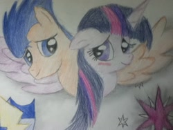 Size: 960x720 | Tagged: safe, artist:silverswitch22, flash sentry, twilight sparkle, twilight sparkle (alicorn), alicorn, pegasus, pony, couple, female, flashlight, male, shipping, straight, traditional art