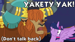 Size: 960x540 | Tagged: safe, derpibooru import, prince rutherford, twilight sparkle, twilight sparkle (alicorn), alicorn, pony, yak, party pooped, female, frown, gritted teeth, image macro, mare, meme, open mouth, song in the comments, song reference, spread wings, the coasters, wide eyes, windswept mane, yakety yak, yelling