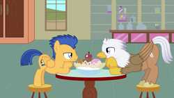 Size: 4442x2500 | Tagged: safe, artist:peternators, flash sentry, oc, oc:silver quill, classical hippogriff, hippogriff, pegasus, pony, bedroom eyes, canon x oc, food, gay, ice cream, looking at each other, male, shipping, stallion