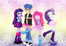 Size: 1600x1131 | Tagged: safe, artist:jucamovi1992, flash sentry, pinkie pie, rarity, twilight sparkle, equestria girls, clothes, crossdressing, dancing, eyes closed, female, flash sentry is not amused, flashlight, male, pinkie pie is amused, shipping, skirt, smiling, straight, tutu, unamused, varying degrees of amusement