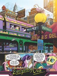 Size: 768x1024 | Tagged: safe, artist:andypriceart, idw, fluttershy, rarity, pegasus, pigeon, pony, unicorn, spoiler:comic, spoiler:comic64, city, comic, duo, female, manehattan, mare, official comic, preview, speech bubble