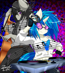 Size: 1800x2000 | Tagged: safe, artist:zanclife, dj pon-3, octavia melody, vinyl scratch, anthro, breasts, cello, clothes, female, fingerless gloves, glasses, gloves, headphones, music notes, musical instrument, orbtavia, pony ears, sideboob, turntable, vinyl stacked, violin