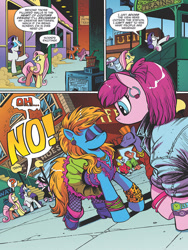 Size: 768x1024 | Tagged: safe, artist:andypriceart, idw, fluttershy, rarity, earth pony, pegasus, pony, unicorn, spoiler:comic, spoiler:comic64, 80's fashion, 80s, 80s hair, bangles, big hair, boots, clothes, comic, denim jacket, ear piercing, earring, fashion crisis, female, fishnet stockings, jewelry, leopard print, manehattan, mare, official comic, piercing, preview, shoes, skirt, speech bubble, train station, watch, wristband, wristwatch