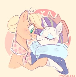 Size: 1552x1579 | Tagged: safe, artist:waackery, applejack, rarity, earth pony, pony, unicorn, the last problem, accessory swap, applejack's hat, boop, cowboy hat, eyes closed, female, granny smith's scarf, hair bun, hat, heart, holding hooves, lesbian, mare, noseboop, older, older applejack, older rarity, rarijack, shipping, smiling