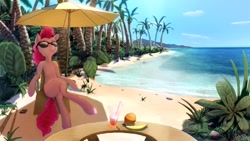 Size: 1280x720 | Tagged: safe, artist:quvr, pinkie pie, earth pony, pony, semi-anthro, banana, beach, drinking straw, food, orange, palm tree, solo, sunglasses, tree, umbrella