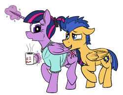 Size: 766x590 | Tagged: safe, artist:thebathwaterhero, flash sentry, twilight sparkle, twilight sparkle (alicorn), alicorn, pony, alternate hairstyle, coffee mug, female, flashlight, male, mare, mug, pregnant, shipping, stallion, straight