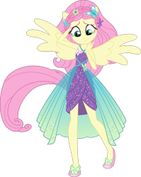 Size: 1589x2000 | Tagged: safe, artist:whalepornoz, fluttershy, better together, equestria girls, forgotten friendship, clothes, dress, dress interior, female, looking at self, looking down, ponied up, simple background, solo, spread wings, transparent background, vector, wings