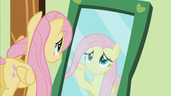 Size: 1280x720 | Tagged: safe, screencap, fluttershy, pegasus, pony, a bird in the hoof, mirror, solo