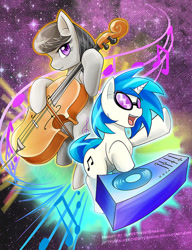 Size: 600x783 | Tagged: safe, artist:slifertheskydragon, dj pon-3, octavia melody, vinyl scratch, earth pony, pony, cello, looking at you, musical instrument, open mouth, smiling, turntable