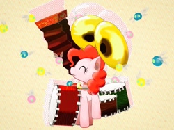 Size: 1971x1478 | Tagged: safe, artist:jawlo, pinkie pie, earth pony, parasprite, pony, accordion, drums, musical instrument, solo, tuba