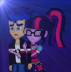 Size: 944x947 | Tagged: safe, artist:lonelychocolatchip, flash sentry, sci-twi, twilight sparkle, equestria girls, comforting, couple, female, flashlight, male, sciflash, shipping, straight