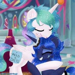 Size: 3000x3000 | Tagged: safe, artist:darkest-lunar-flower, princess celestia, princess luna, alicorn, pony, canterlot throne room, commission, diet, donut, duo, ethereal mane, eyes closed, female, food, missing accessory, prank, royal sisters, siblings, sisters, smiling, smirk, starry mane, sticky note