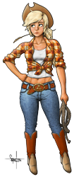 Size: 626x1488 | Tagged: safe, artist:cherrypod, applejack, human, abs, belly button, boots, clothes, front knot midriff, humanized, jeans, midriff, pants, rope, simple background, solo, straw, tanktop, transparent background