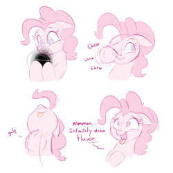 Size: 1000x1000 | Tagged: safe, artist:heir-of-rick, pinkie pie, earth pony, pony, black hole, bust, chewing, colored sketch, dialogue, eating, edible heavenly object, female, floppy ears, gulp, how, mare, open mouth, pinkie being pinkie, pinkie physics, simple background, smiling, tangible heavenly object, this explains everything, tongue out, white background, xk-class end-of-the-world scenario