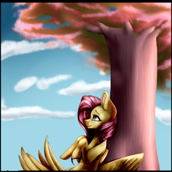 Size: 2000x2000 | Tagged: safe, artist:xxmissteaxx, fluttershy, pegasus, pony, cloud, female, leaning back, mare, relaxing, sky, smiling, solo, tree