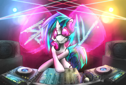 Size: 5000x3352 | Tagged: safe, artist:taps, dj pon-3, vinyl scratch, pony, unicorn, absurd resolution, glow, headphones, solo, turntable