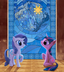 Size: 909x1024 | Tagged: safe, artist:maggwai, derpibooru import, rarity, twilight sparkle, unicorn twilight, pony, unicorn, female, horn, mare, stained glass