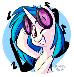 Size: 610x638 | Tagged: safe, artist:thedoggygal, dj pon-3, vinyl scratch, pony, unicorn, abstract background, bust, cute, female, mare, music notes, portrait, smiling, solo, vinylbetes, wink