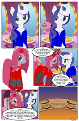 Size: 792x1224 | Tagged: safe, artist:dekomaru, pinkie pie, rarity, pony, unicorn, comic:the greatest gift, alternate hairstyle, clothes, comic, dress, female, flower, hair chain, mare, pinkamena diane pie, rose