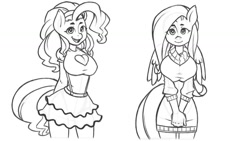 Size: 1280x720 | Tagged: safe, artist:cpwny, fluttershy, pinkie pie, anthro, adorasexy, boob window, breasts, clothes, cute, grayscale, hootershy, looking at you, monochrome, open mouth, pinkie pies, sexy, simple background, smiling, sweater, sweatershy, white background