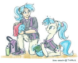 Size: 1280x1035 | Tagged: safe, artist:king-kakapo, allie way, human, pony, unicorn, 30 minute art challenge, bowling ball, eye contact, female, human female, human ponidox, humanized, light skin, looking at each other, magic, mare, self ponidox, telekinesis, wiping