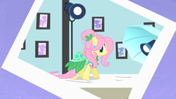 Size: 1280x720 | Tagged: safe, screencap, fluttershy, pegasus, pony, green isn't your color, clothes, dress, polaroid, solo