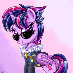 Size: 1000x1000 | Tagged: safe, artist:daniel-sg, derpibooru import, twilight sparkle, twilight sparkle (alicorn), alicorn, pony, castle sweet castle, testing testing 1-2-3, alternate hairstyle, ancient wonderbolts uniform, badge, buttons, clothes, commander easy glider, female, gradient background, jacket, looking at you, mare, plot, punklight sparkle, smiling, solo, stupid sexy twilight, sunglasses, wonderbolts logo